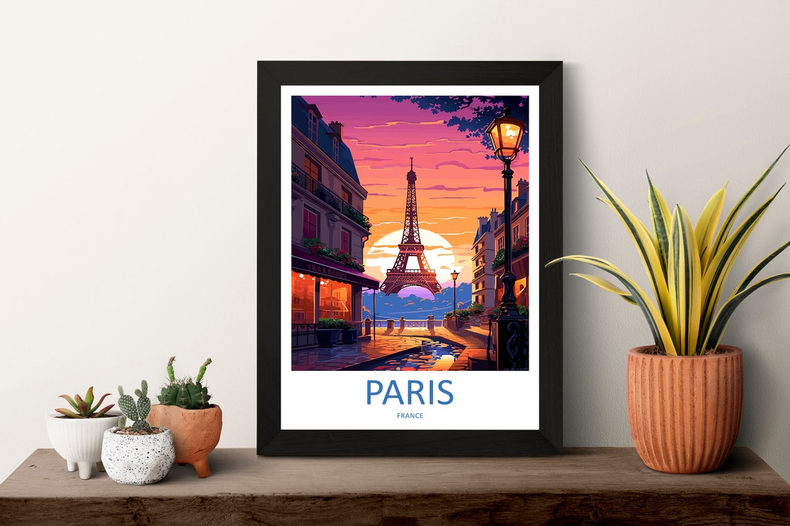 Paris Eiffel Tower Sunset Cafe Street Illustrated Travel Poster - Image 3