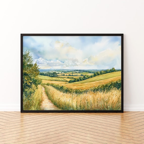 Golden Wheat Field Country Path Summer Countryside Watercolor Poster