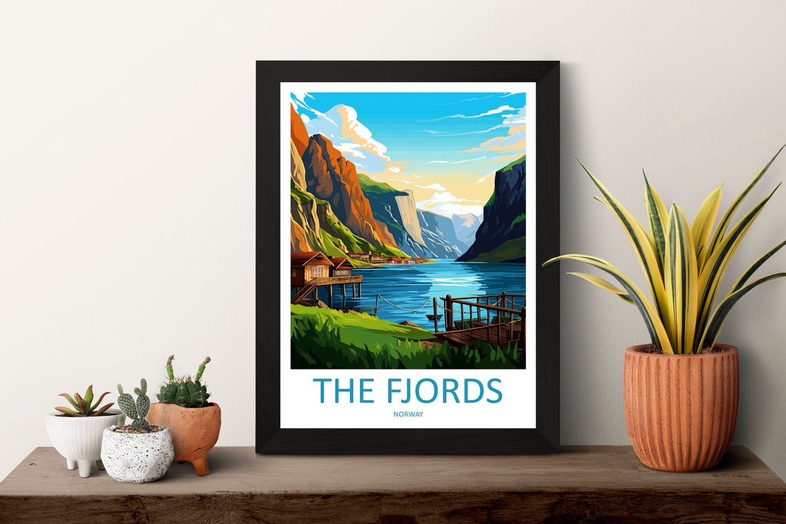 The Fjords Norway Steep Cliffs Lakeside Village Morning View Poster - Image 3