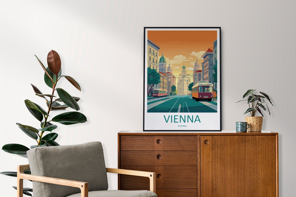 Vienna Austria Sunset Tram Street and Historic Buildings Poster - Image 2