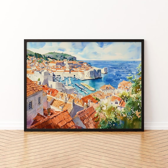 Dubrovnik Old City Walls Red Roofs Harbor Croatia Watercolor Poster