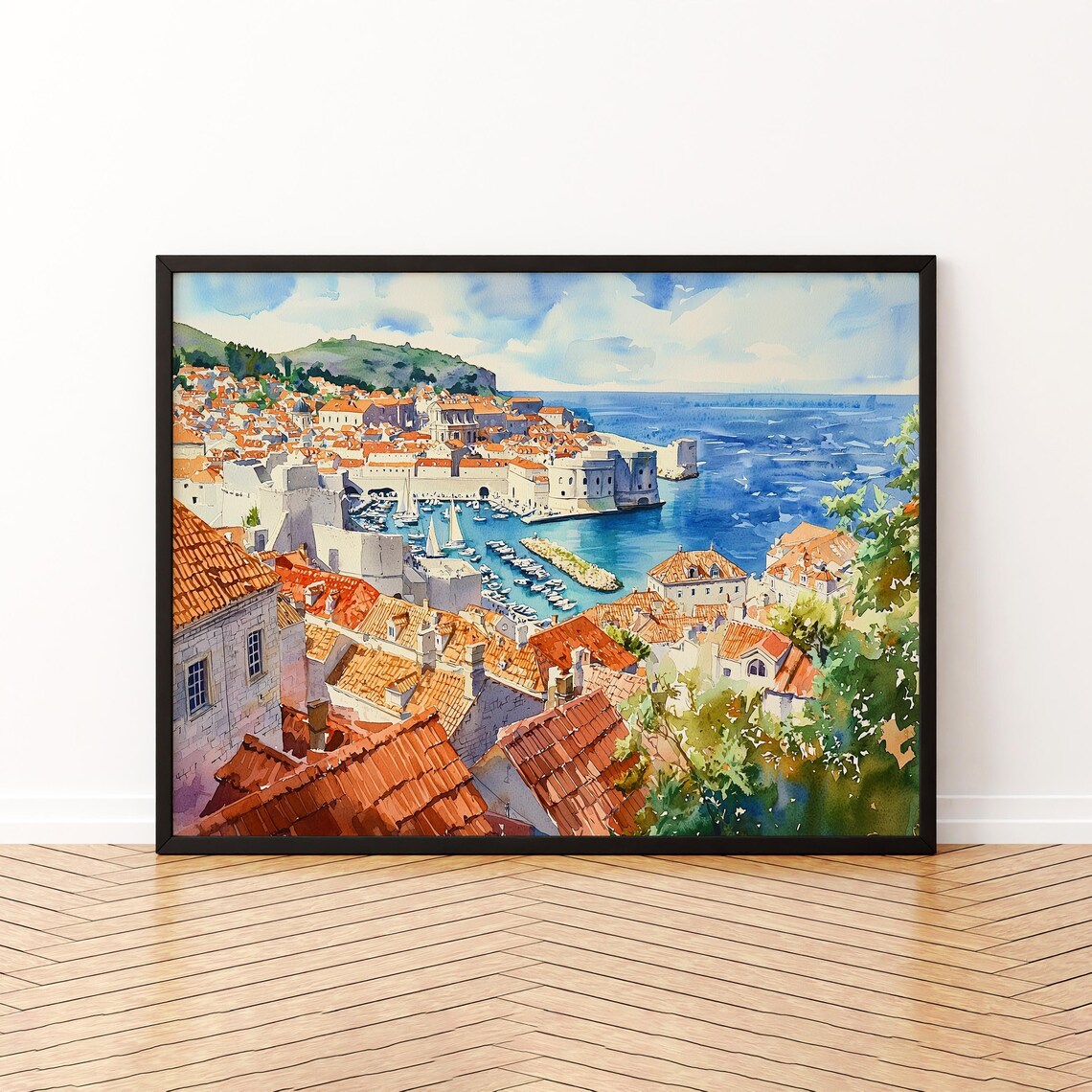 Dubrovnik Old City Walls Red Roofs Harbor Croatia Watercolor Poster