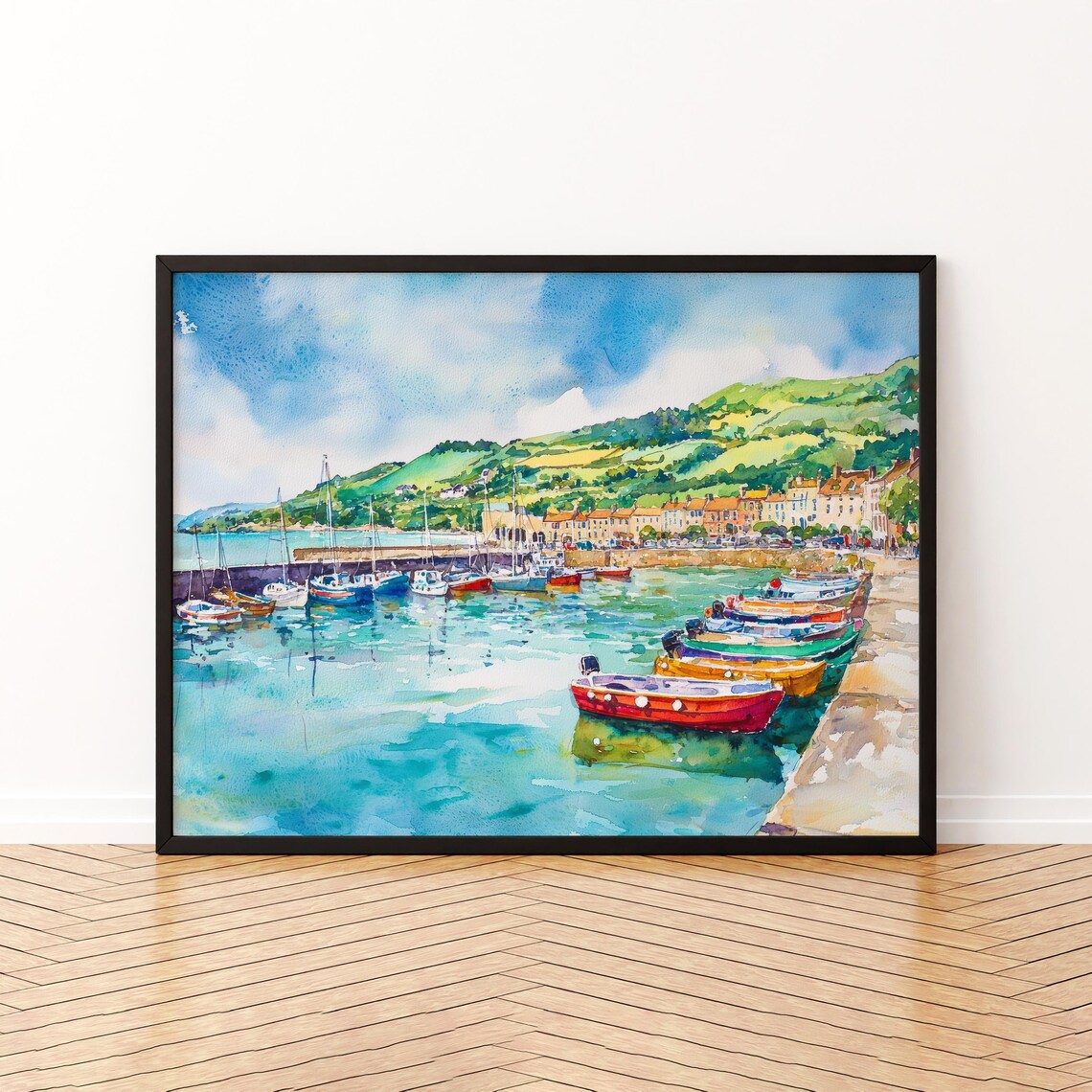 Lyme Regis England Harbor Colorful Boats Watercolor Dorset Coast Poster