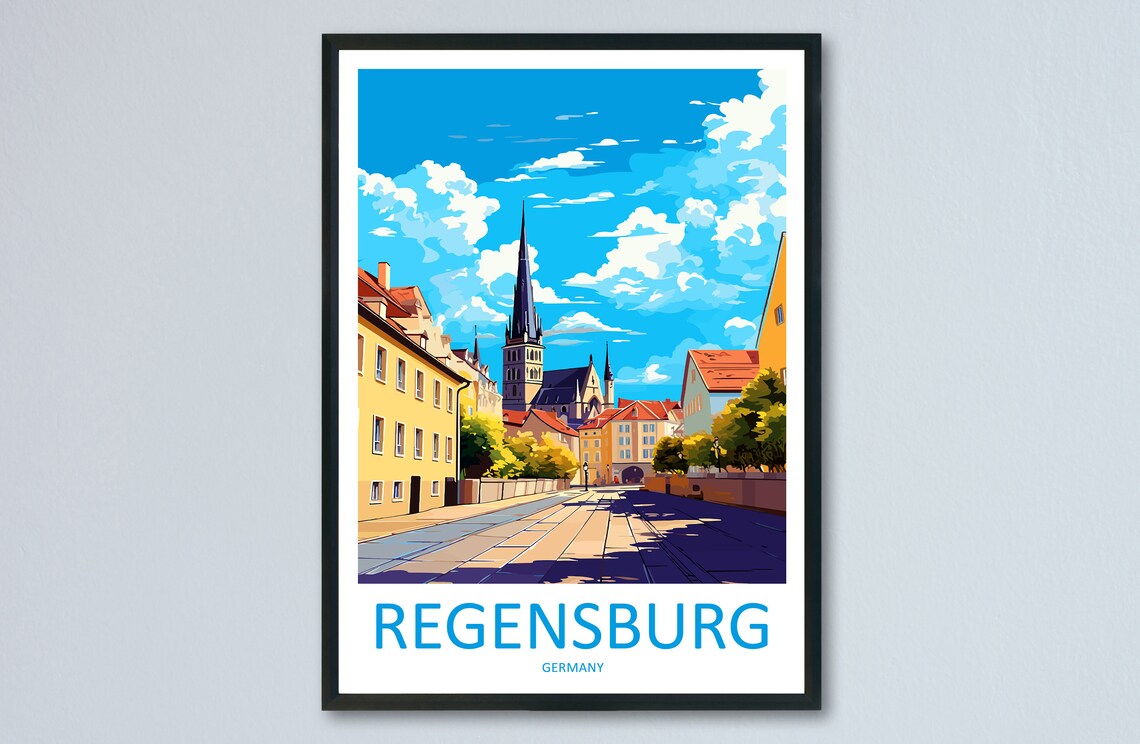 Regensburg Germany Old Town Cathedral Street Scene Travel Poster