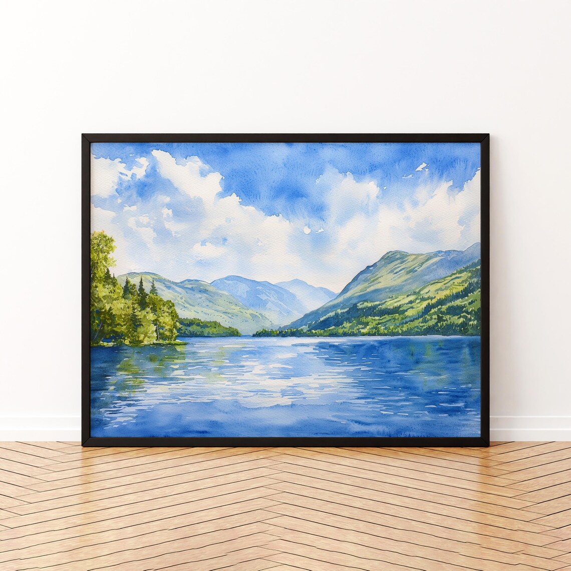 Loch Lomond Scotland Watercolor Lake Poster Blue Water Green Hills Decor