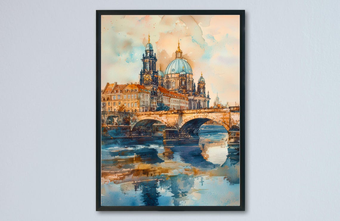 Historic Domed Cathedral Watercolor Poster River Bridge Reflections