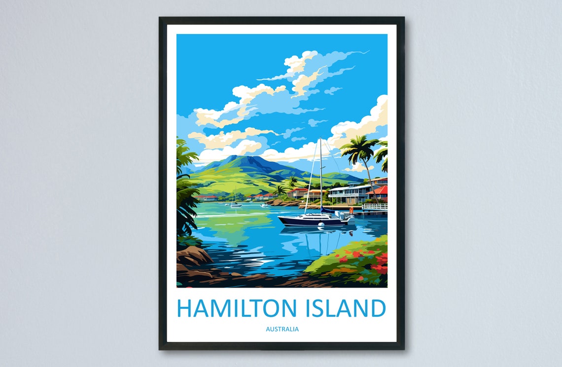 Hamilton Island Sailboat Harbor Mountain Australia Travel Poster