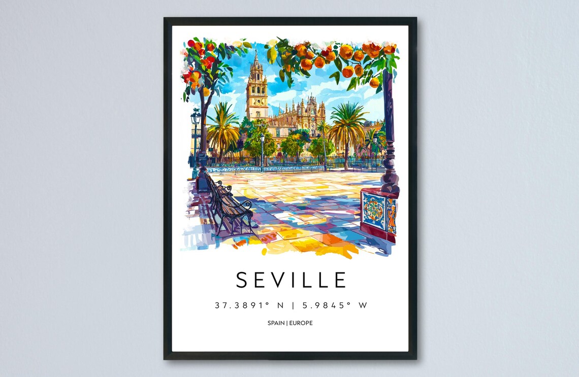 Seville Spain Watercolor Cathedral Orange Trees Plaza Travel Poster