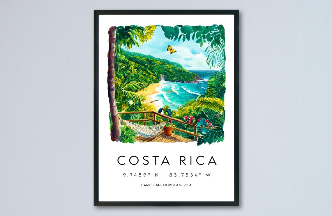 Costa Rica Tropical Beach Hammock Deck Watercolor Travel Poster