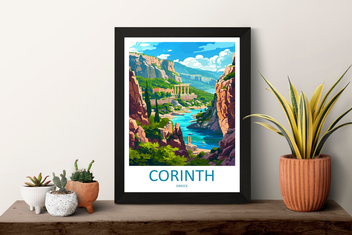 Corinth Ancient Temple Ruins in River Gorge Greece Travel Poster - Image 3