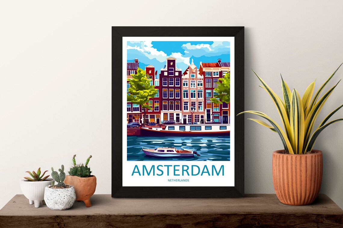 Amsterdam Netherlands Daytime Canal Houseboat Row Houses Travel Poster - Image 3