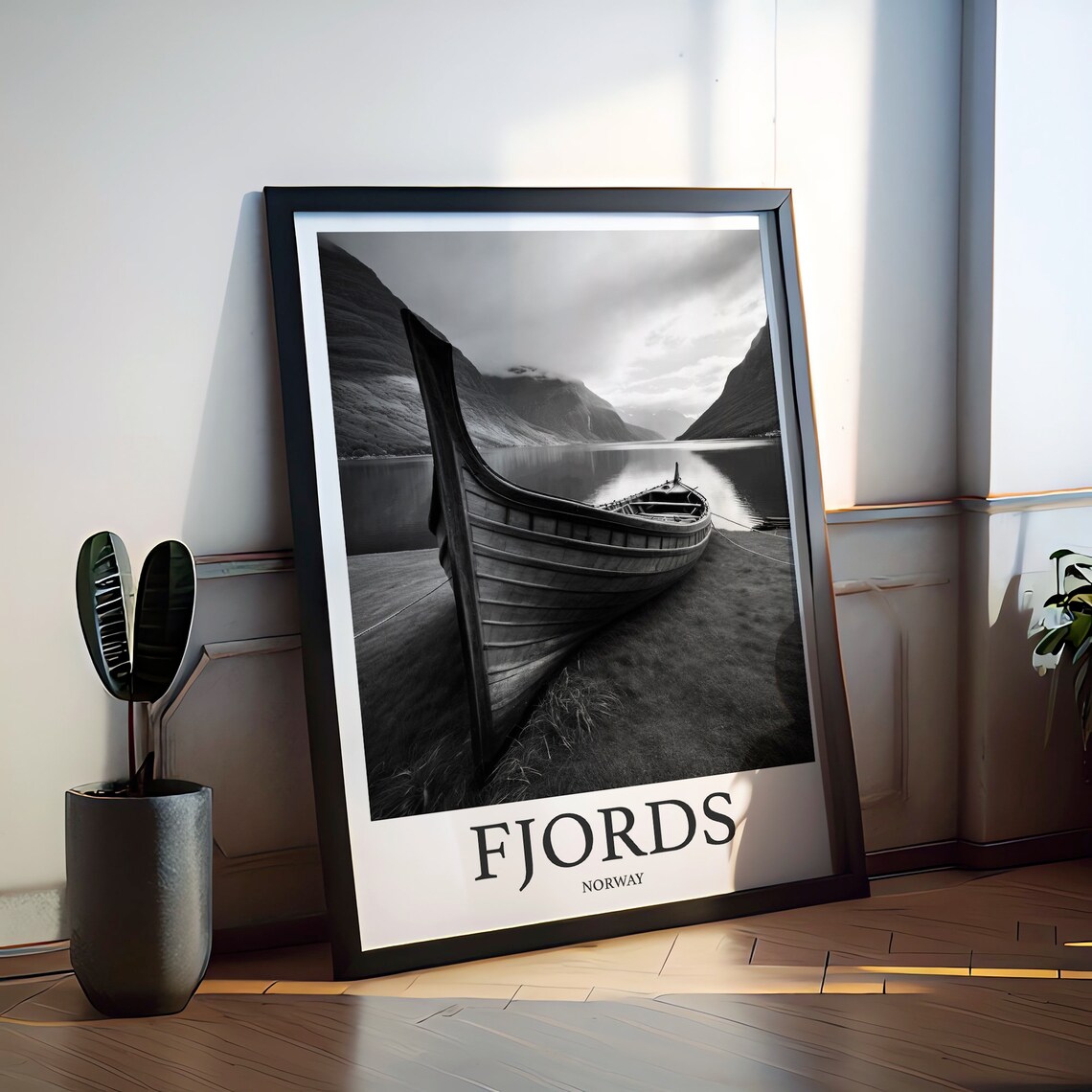 Norwegian Fjords Wooden Boat Resting On Shore Black White Photo Poster - Image 2