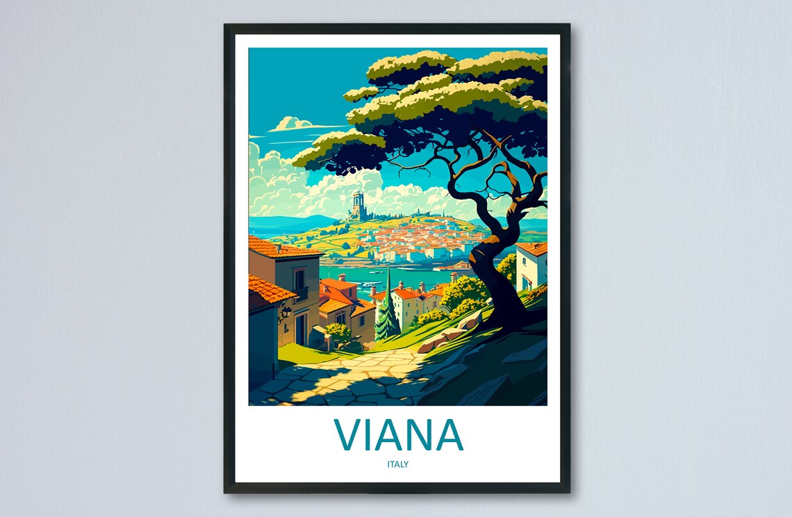 Viana Italy Hilltop Coastal Town Sea View Sunny Travel Poster
