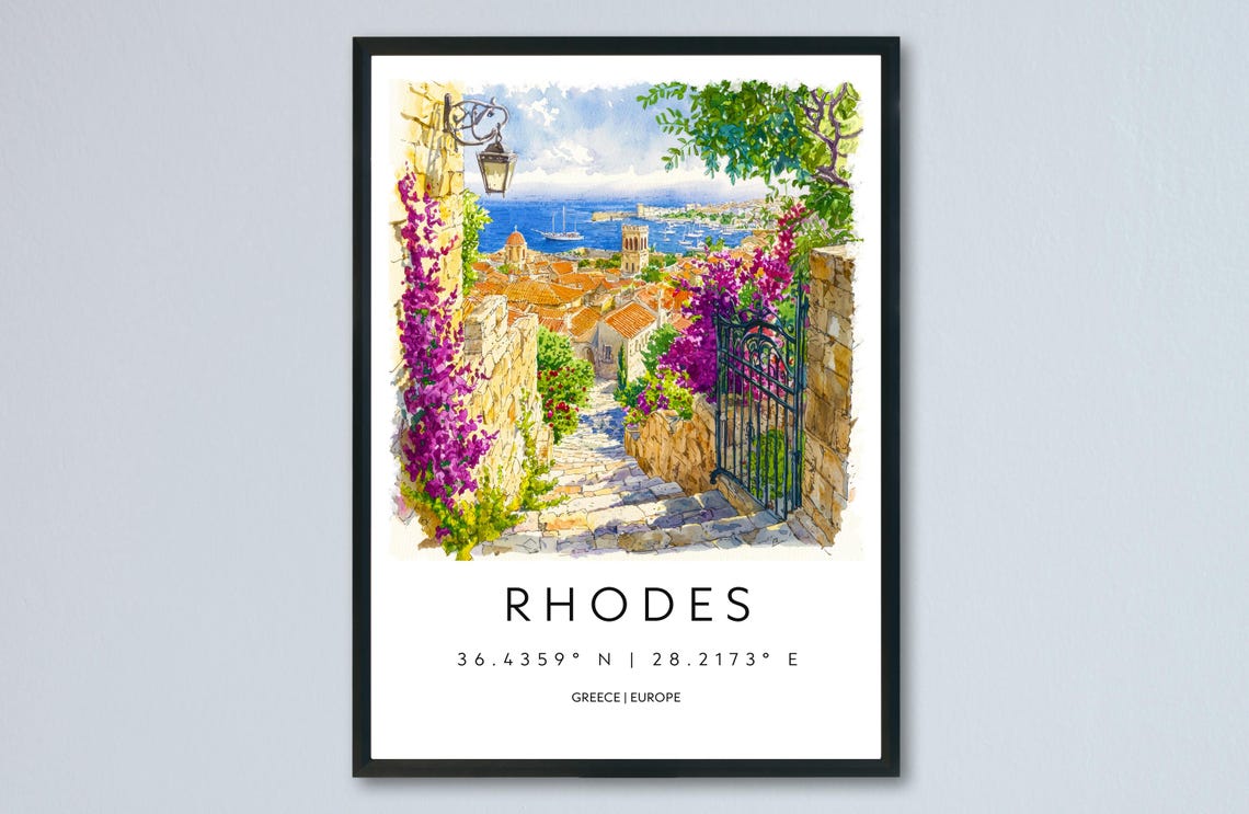 Rhodes Greece Watercolor Old Town Steps Aegean Harbor View Poster