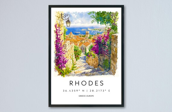 Rhodes Greece Watercolor Old Town Steps Aegean Harbor View Poster
