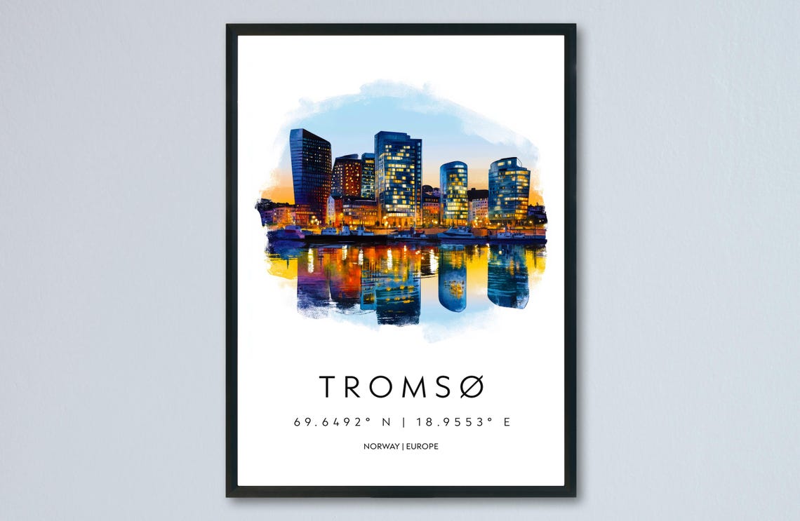 Tromsø Night Harbor Lights Watercolor Norway Arctic City Poster