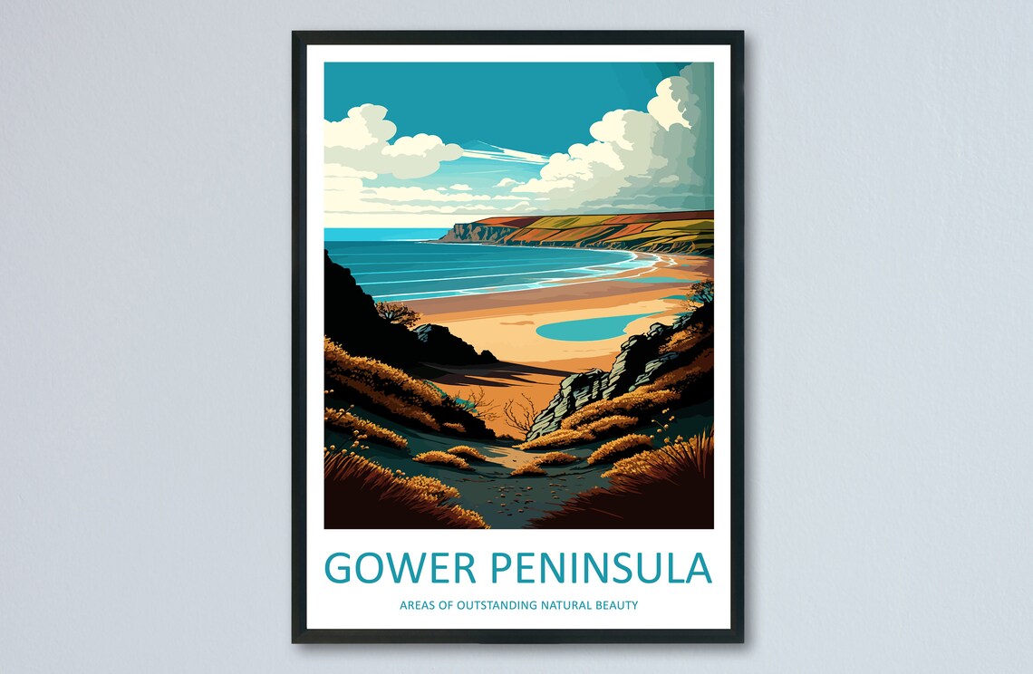 Gower Peninsula Travel Poster, Wales Coastal Region