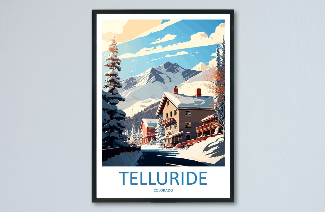 Telluride Colorado Snowy Mountain Town Ski Travel Poster Scene