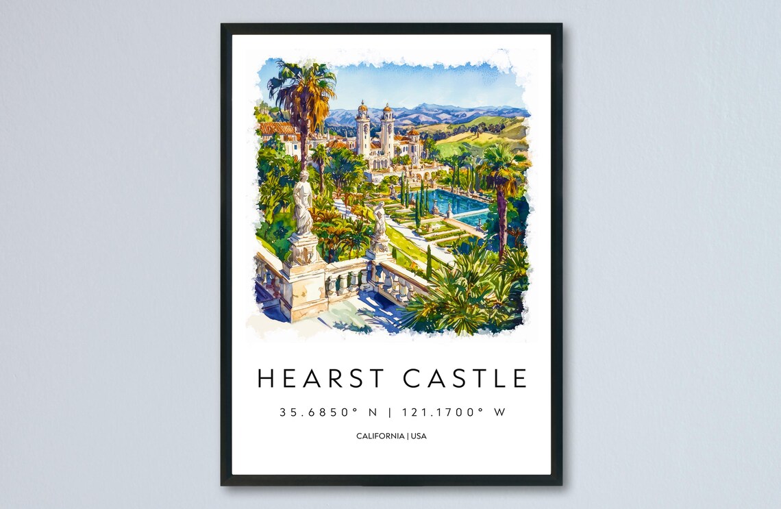 Hearst Castle California Estate Gardens Watercolor Travel Poster