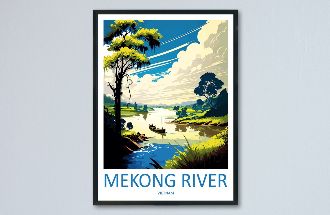 Mekong River Vietnam Vintage Travel Poster Boat River Landscape Art
