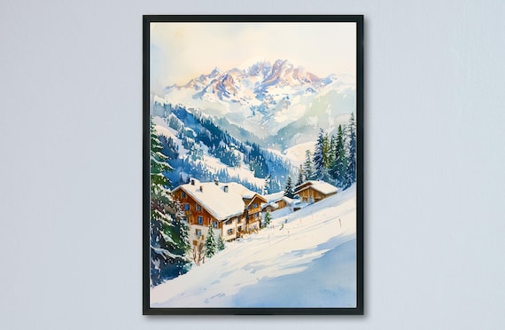 St Anton Austria Ski Chalet Snowy Alps Winter Watercolor Poster