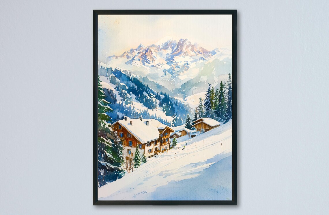 St Anton Austria Ski Chalet Snowy Alps Winter Watercolor Poster