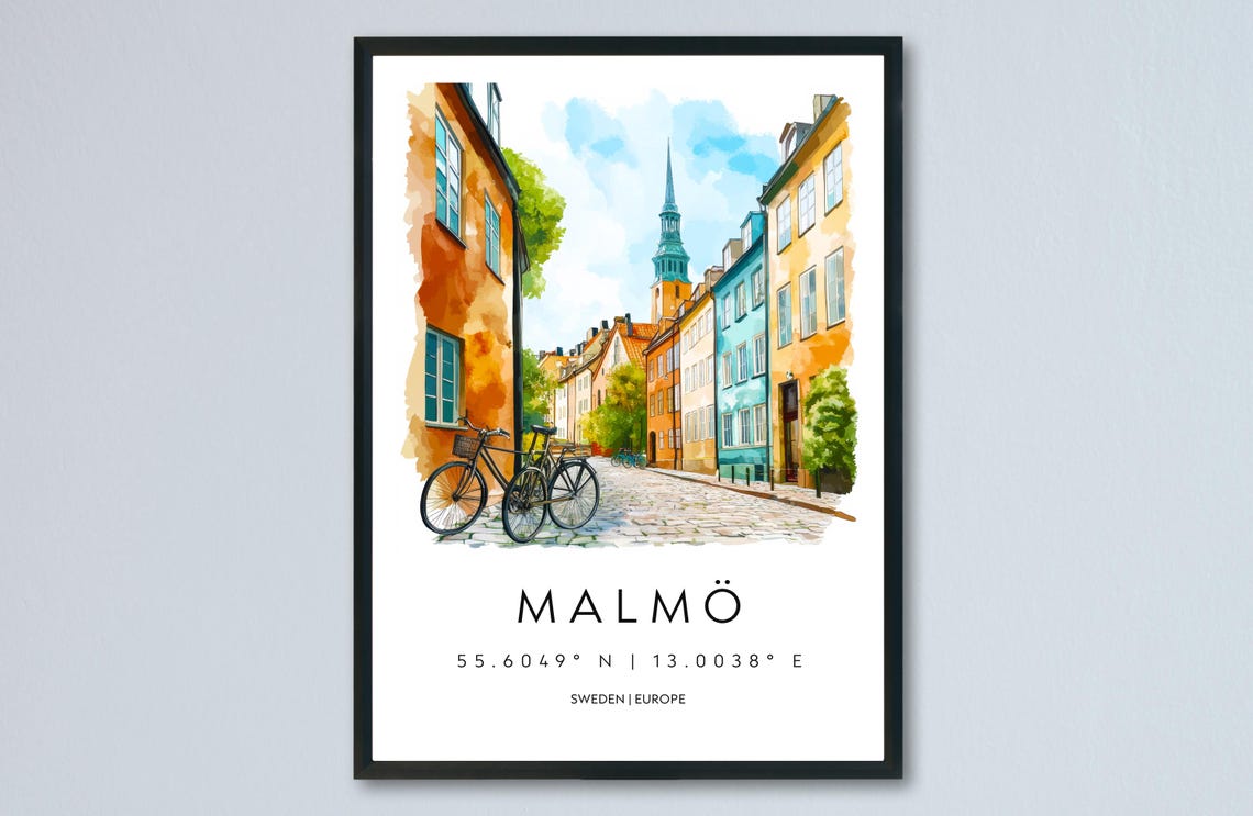 Malmö Old Town Bicycles Watercolor Sweden Cobblestone Art Poster