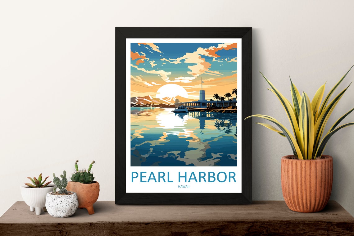 Pearl Harbor Hawaii Sunset Harbor Waterfront History Scene Poster - Image 3