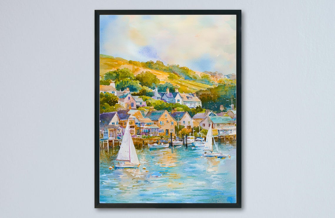 Salcombe England Harbor Sailboats Estuary Watercolor Art Poster