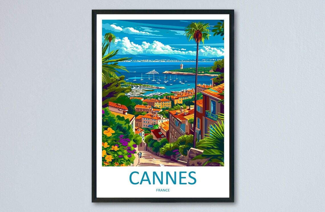 Cannes France French Riviera Bay Marina Hillside View Travel Poster