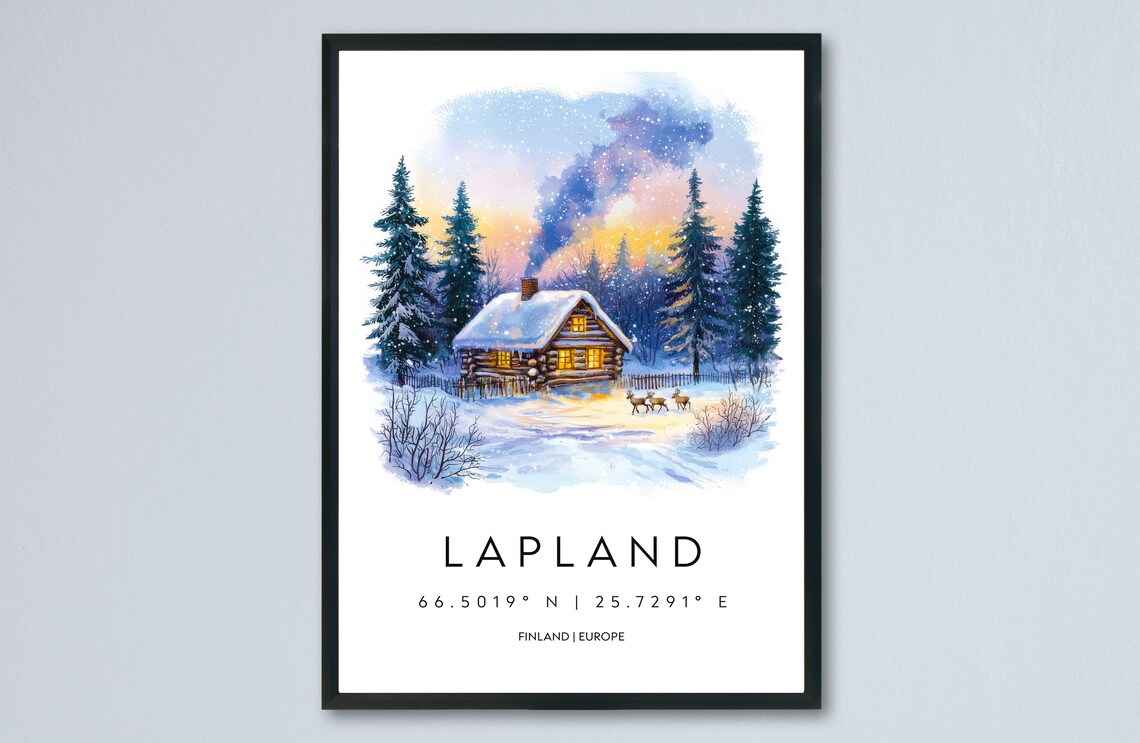Lapland Snowy Log Cabin at Dusk Watercolor Travel Art Poster