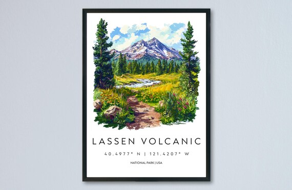 Lassen Volcanic National Park Mountain Watercolor Travel Poster