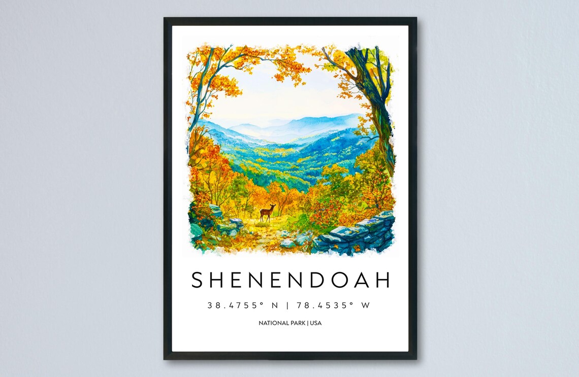 Shenandoah Virginia Watercolor Autumn Forest Deer Mountain Valley Poster