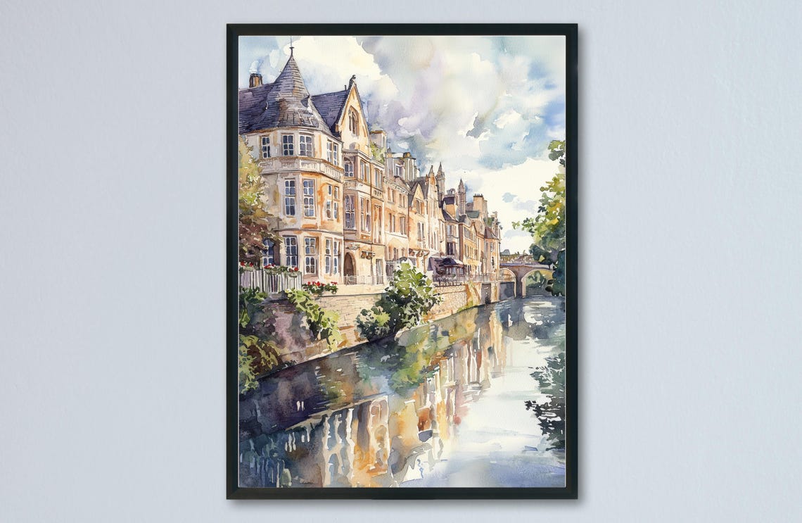 Bath Watercolor Travel Poster, England Cityscape
