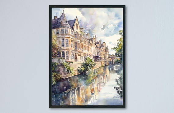 Bath Watercolor Travel Poster, England Cityscape