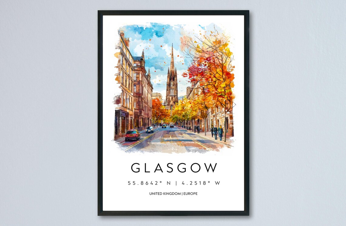 Glasgow Autumn Street Cathedral Watercolor Scotland Travel Poster