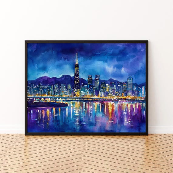 Seoul South Korea Watercolor Travel Poster, City Skyline