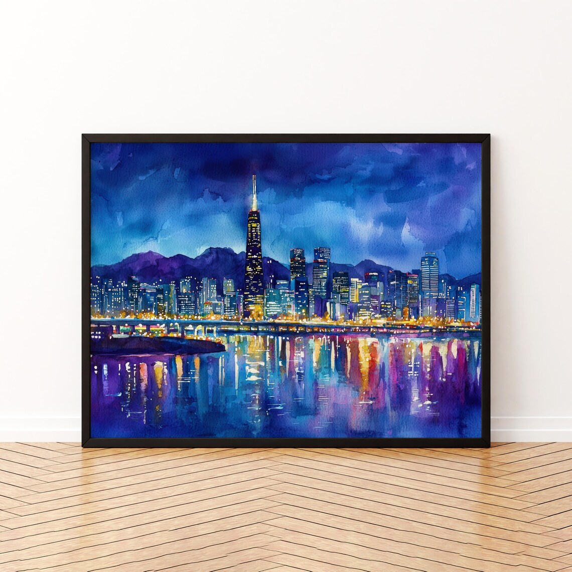 Seoul South Korea Watercolor Travel Poster, City Skyline