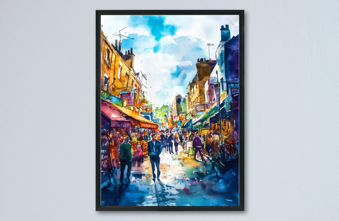 Camden Market Street Scene Watercolor London Busy Shopping Poster