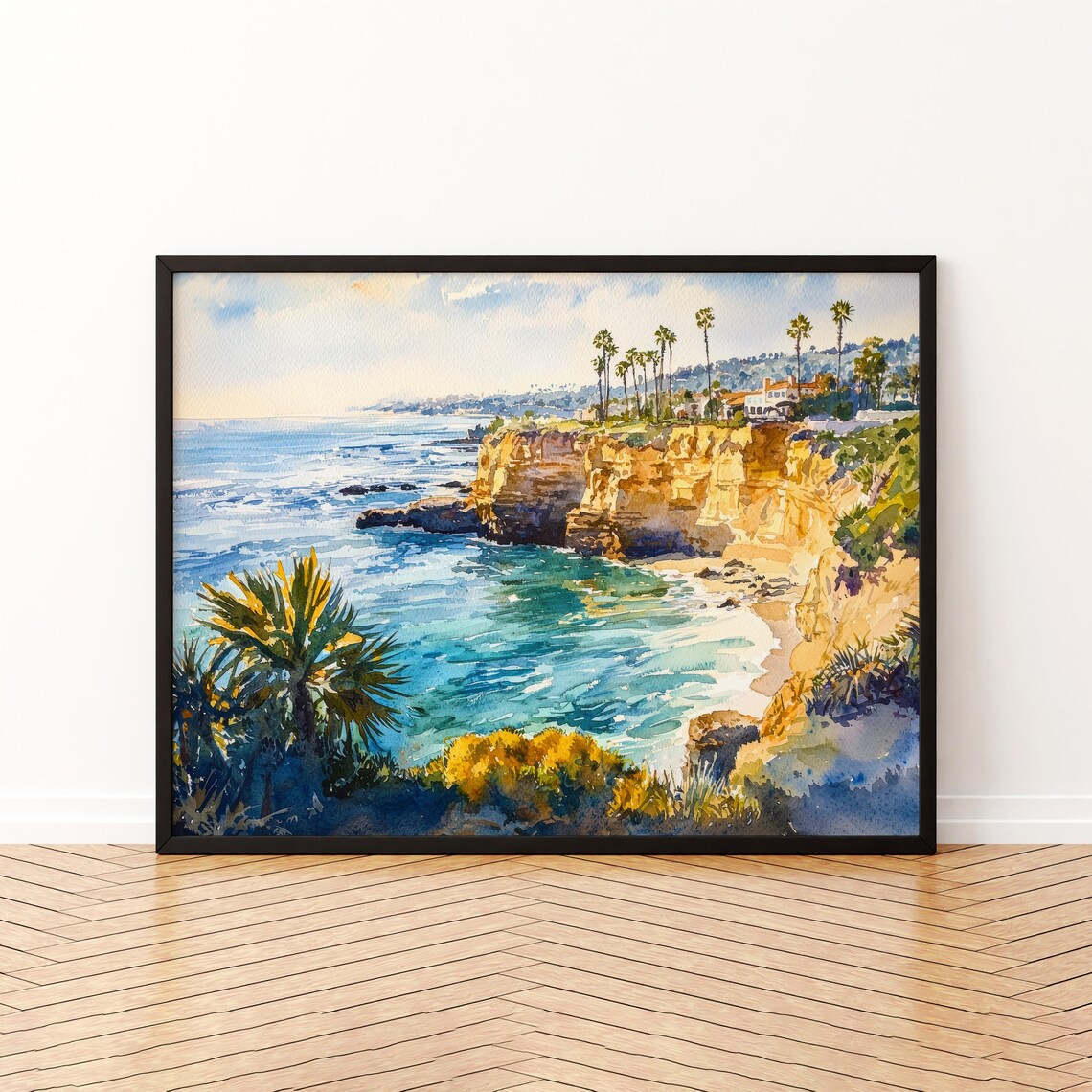 La Jolla Coves Palms Turquoise Water Watercolor Travel Poster