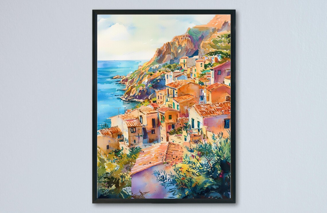 Italian Riviera Cliffside Village Turquoise Sea Watercolor Poster