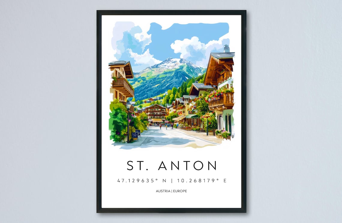 St Anton Alpine Village Street Watercolor Austrian Summer Poster