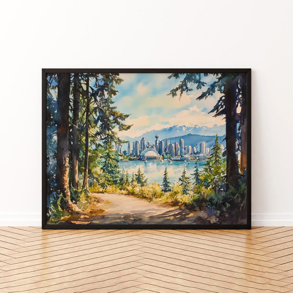 Vancouver Skyline Pines Harbor Watercolor Canadian Cityscape Poster