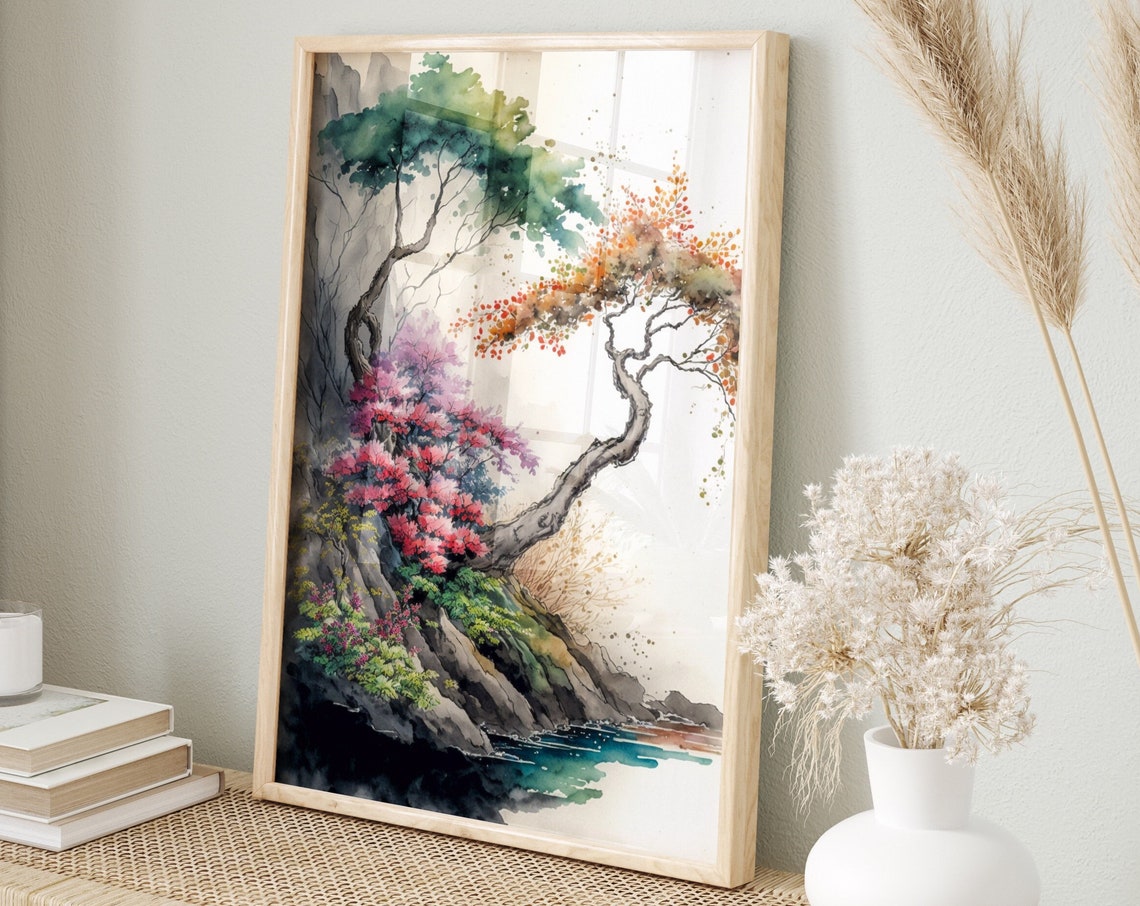 Japanese Cherry Blossom Cliff Trees Ink Wash Watercolor Art Poster - Image 5