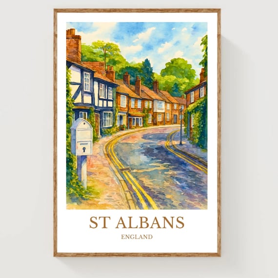 St Albans England Charming Village Street Watercolor Travel Poster