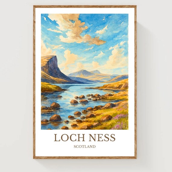 Loch Ness Scotland Highland Lake Shoreline Watercolor Travel Poster