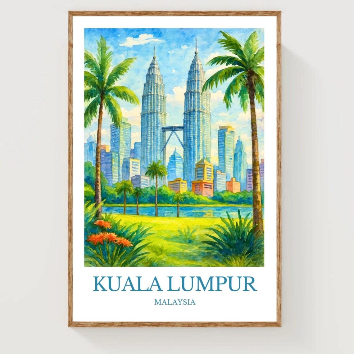 Kuala Lumpur Malaysia Petronas Towers Skyline Watercolor Art Poster
