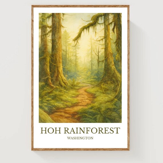 Hoh Rainforest Mossy Trail Watercolor Washington Travel Poster
