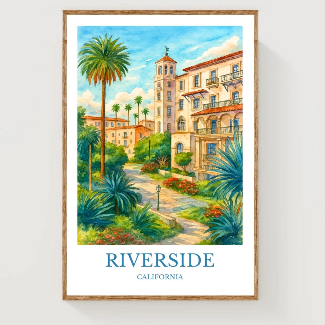Riverside California Watercolor Mission Style Palm Garden Art Poster