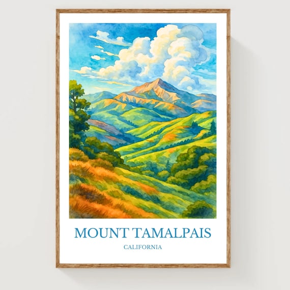 Mount Tamalpais California Travel Poster Watercolor Hills Summit View